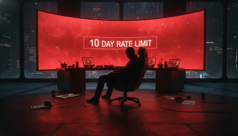  A developer silhouette is slumped in their chair in a dark room, facing a massive, futuristic computer screen. The screen displays a glowing, red digital wall with a countdown timer showing "10 DAYS REMAINING." The light from the screen casts a long, lonely shadow. Cyberpunk aesthetic, dramatic, emotional, high contrast.