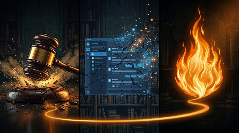A three-panel illustration representing AI industry chaos: a gavel smashing a block symbolizing Anthropic's lawsuit, a digital chat interface shattering into glowing blue particles for OpenAI's pivot, and a bright flame representing open-source momentum, all connected by a glowing orange line.