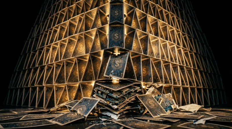 A towering pyramid of playing cards, each face printed with dollar signs and circuit board patterns in gold and dark blue, rising from a base of collapsed and scattered cards. The structure stretches upward into darkness, lit dramatically from within, with the lowest visible layer already crumbling. The image suggests impressive scale built on a fragile and failing foundation.