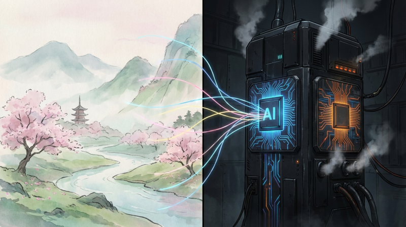 Soft, hand-drawn world on one side; hard, dark AI box on the other, with data being pulled across the divide