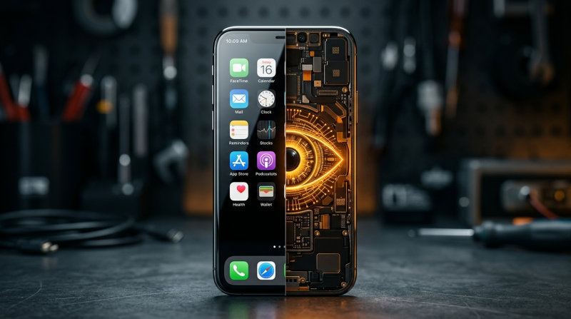 A modern smartphone photographed straight on, split vertically down the centre. The left half shows a familiar iOS home screen with standard app icons. The right half reveals the internal hardware, dominated by a large glowing mechanical eye rendered in amber and gold circuitry, looking directly outward. The contrast between the clean consumer exterior and the watchful interior suggests that on-device technology may not be as private or passive as it appears.