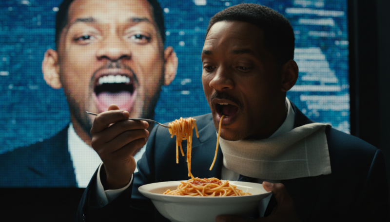 A hyper-realistic, cinematic close-up of Will Smith eating spaghetti perfectly. In the distance behind him is a large screen, showing a slightly distorted and blurry version of the same image of Will Smith. The contrast is between perfect reality and past imperfections. 