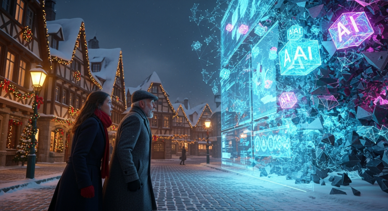 Cinematic scene showing a young woman in a red scarf and older man in winter coat standing in a snow-covered European Christmas village square with warm golden lights and festive decorations, watching in awe as a towering wall of holographic AI technology&mdash;featuring glowing cyan and magenta data cubes, neural networks, and "AI" text&mdash;surges toward them from the right side of the cobblestone street