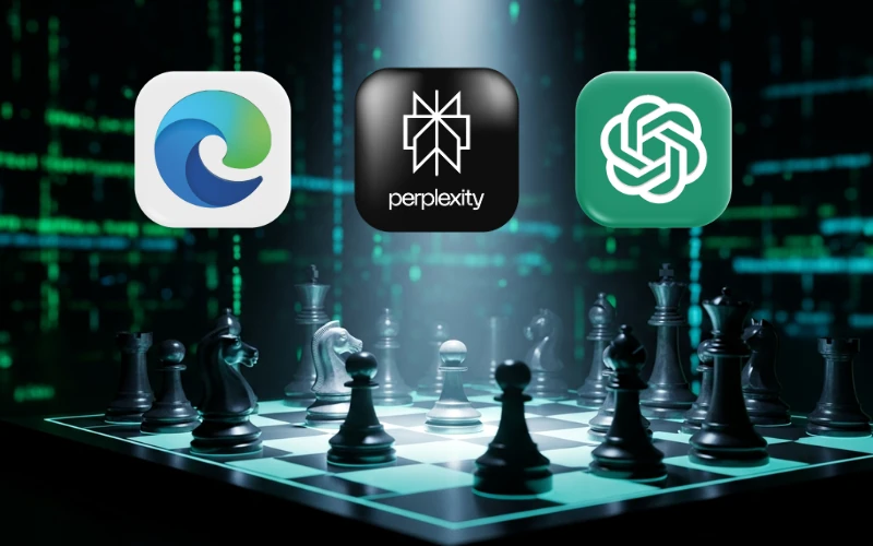 The logos for AI browsers Microsoft Edge, Perplexity, and OpenAI floating over a digital chessboard, symbolizing the strategic battle of the AI browser wars.
