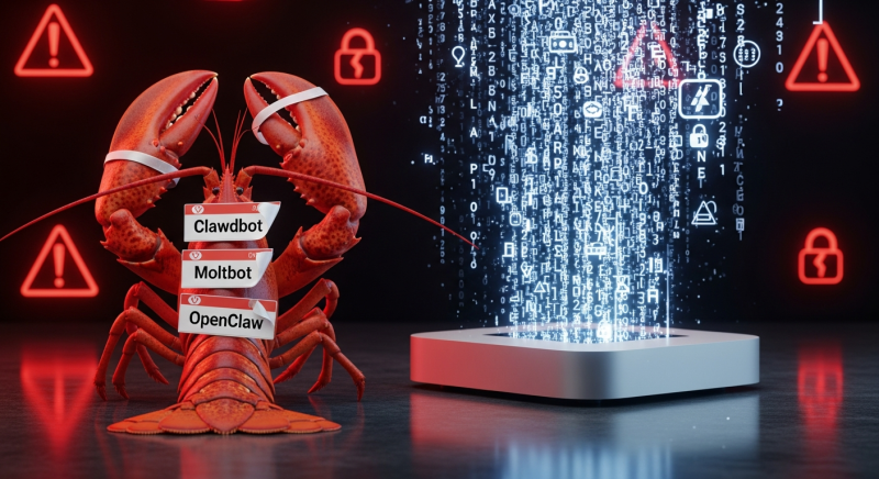 A red lobster covered in peeling stickers reading 'Clawdbot', 'Moltbot', and 'OpenClaw', standing amidst glowing data streams and red security warning icons, representing the AI agent's chaotic rebranding and data leak vulnerabilities.