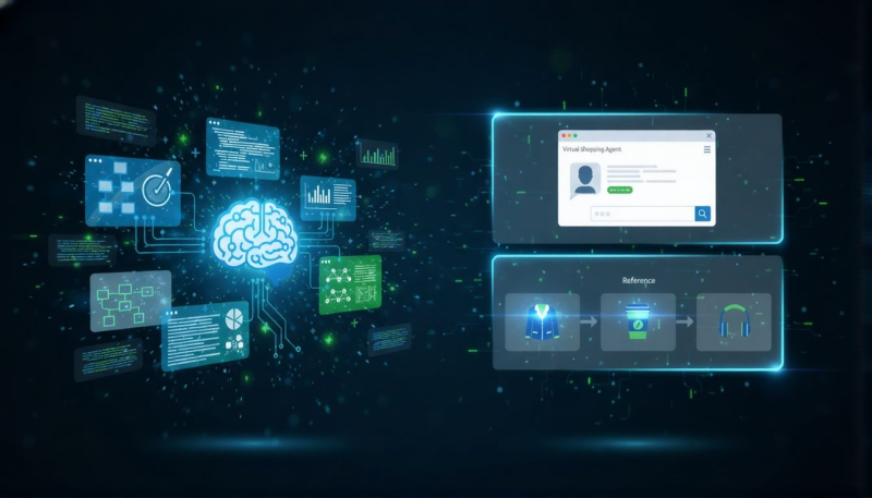 Futuristic dark interface showing AI neural networks and coding interfaces on left side, ChatGPT shopping agent interface on right, glowing blue holographic elements connecting Claude Opus 4.5 brain to autonomous shopping flows, Bangkok8 AI weekly update visual.