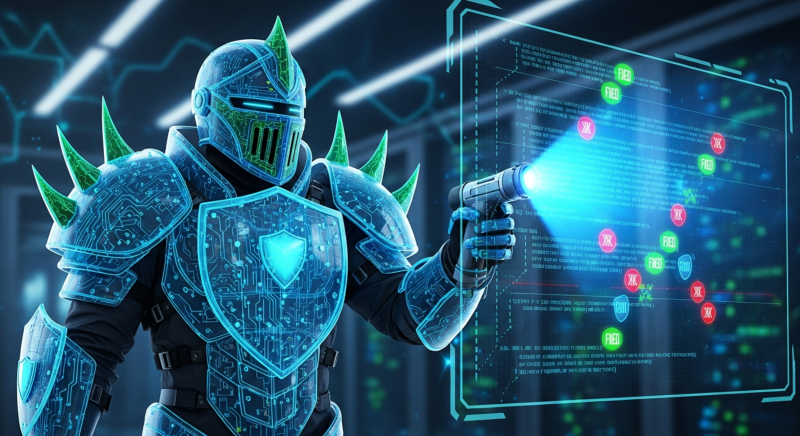 Cyberpunk armored knight scanning glowing code vulnerabilities on holographic screen, green/red security alerts highlighted, representing AI security tools like Aardvark protecting vibe-coded apps.