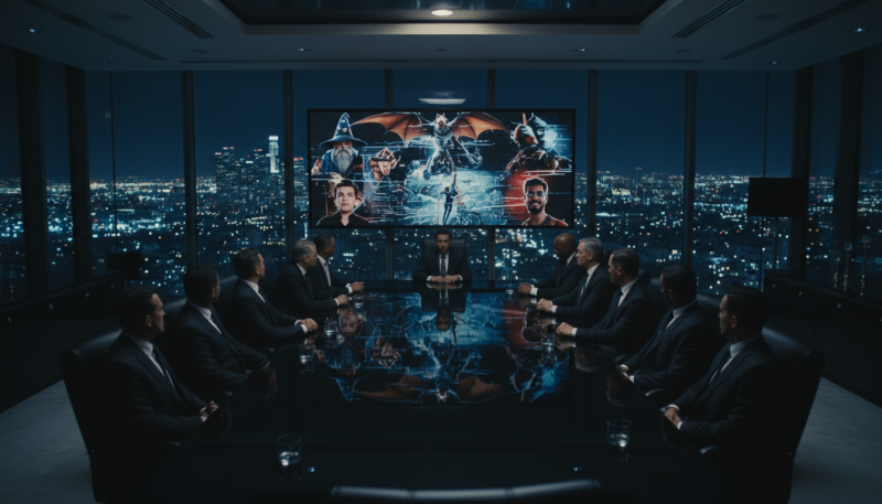 A dramatic cinematic wide shot of an ornate Hollywood boardroom at night, floor-to-ceiling windows showing a glittering city skyline beyond. Around a long obsidian table sit shadowed figures in expensive suits, facing a giant screen displaying fragmented AI-generated video frames 