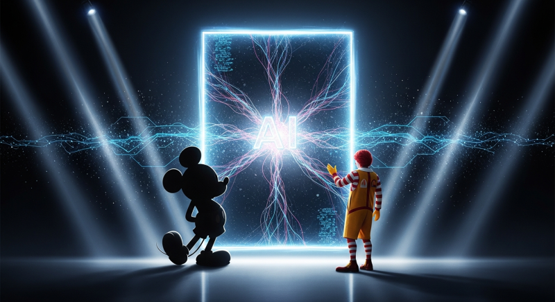Cinematic composition showing Mickey Mouse silhouette on the left and Ronald McDonald figure on the right viewing a bright rectangular holographic display featuring a symmetrical AI neural network tree pattern with cyan and pink energy branches, dramatic spotlights pierce through darkness, data streams flow horizontally across the scene