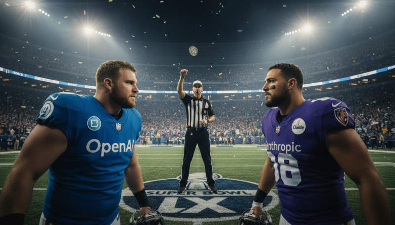 OpenAI versus Anthropic AI rivalry depicted as Super Bowl coin toss with football players in blue and purple jerseys facing off at stadium