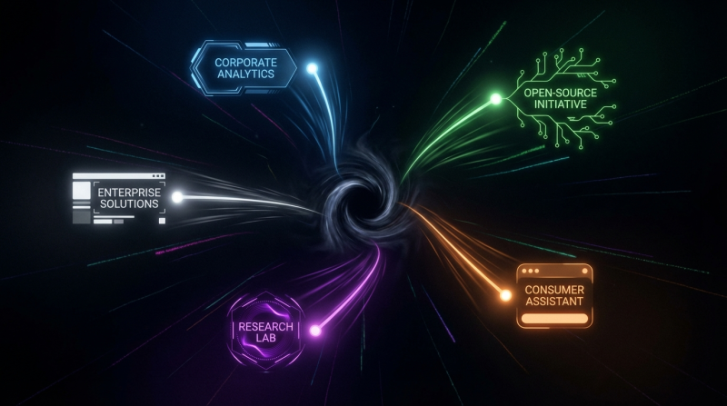 Four distinct AI development streams &mdash; corporate, open-source, research, and consumer &mdash; converging toward a single point, representing the agent and model convergence theme of the week of 22nd March 2026