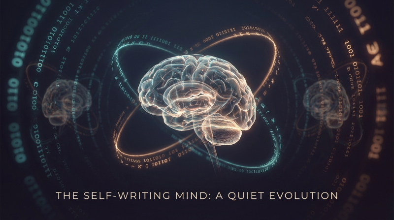 A translucent AI brain surrounded by orbiting rings of binary code, illustrating the concept of self-improving AI models that iterate and rewrite their own architecture &mdash; as seen in MiniMax M2.7 and MiroThinker this week